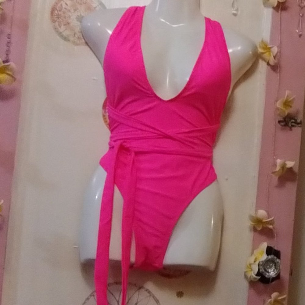 Bright PINK (M) Multi Tie Option Halter One Piece Suit